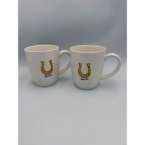Pier 1 Imports Horseshoe Luck‎ Coffee Mugs Set of 2 White Stoneware Cups